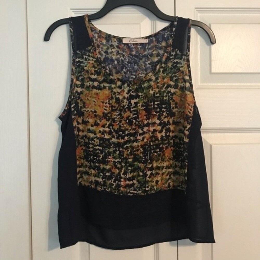 ELODIE Women's Size Small Blue Tan Print Tank Top Semi Sheer Mixed Media Blouse